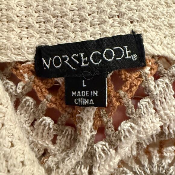 Morse Code Crochet Button Shirt L Boho Granny Square Retro 70s Cream Brown Beach - Picture 7 of 9